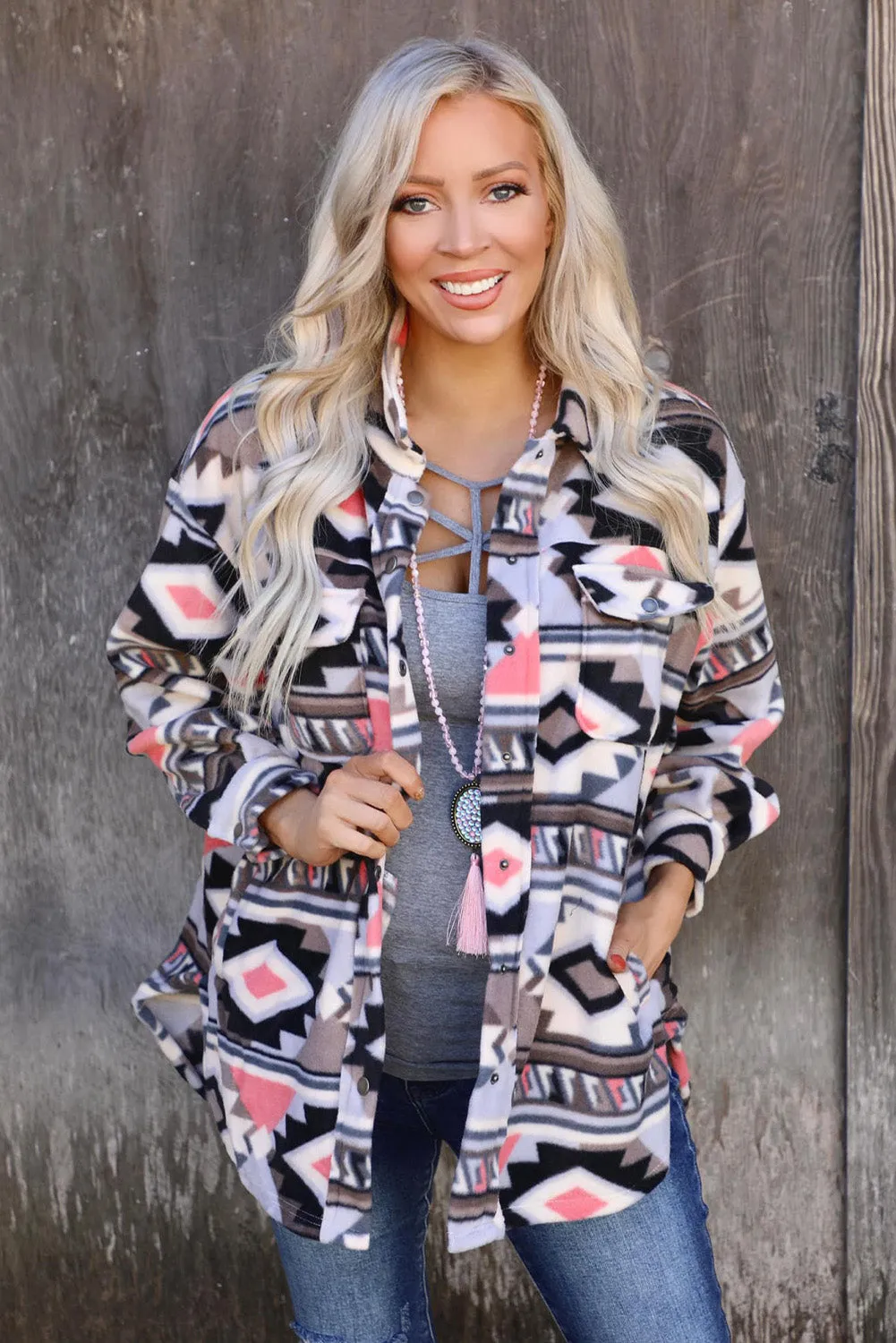 Aztec Print Pocketed Fleece Shacket