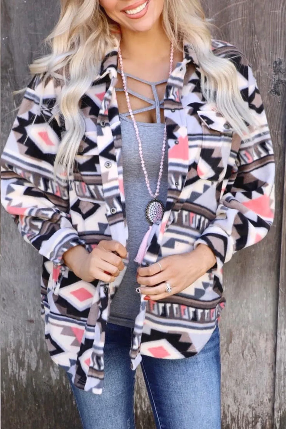 Aztec Print Pocketed Fleece Shacket