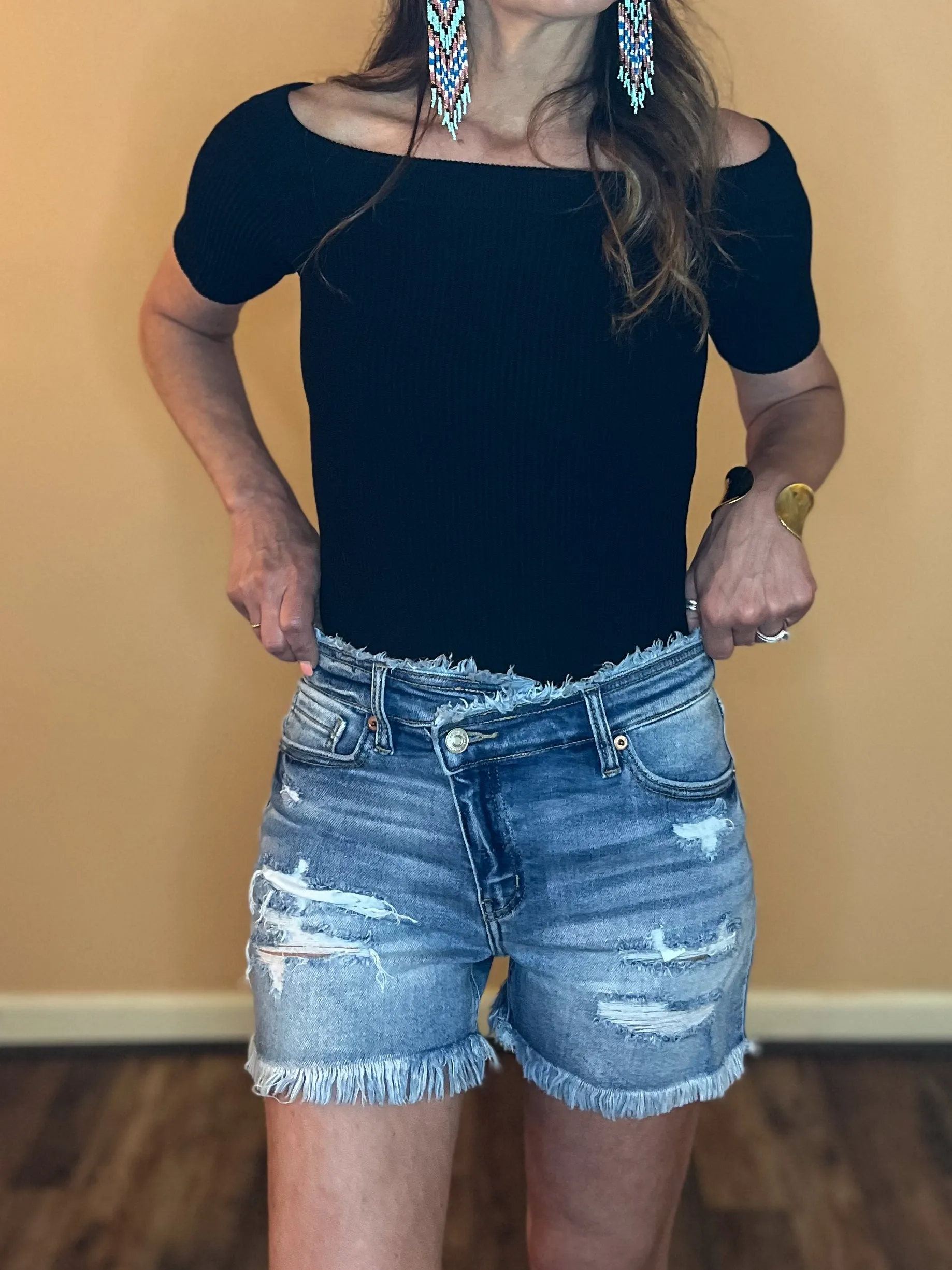 Bailey High Rise Crossover Denim Shorts