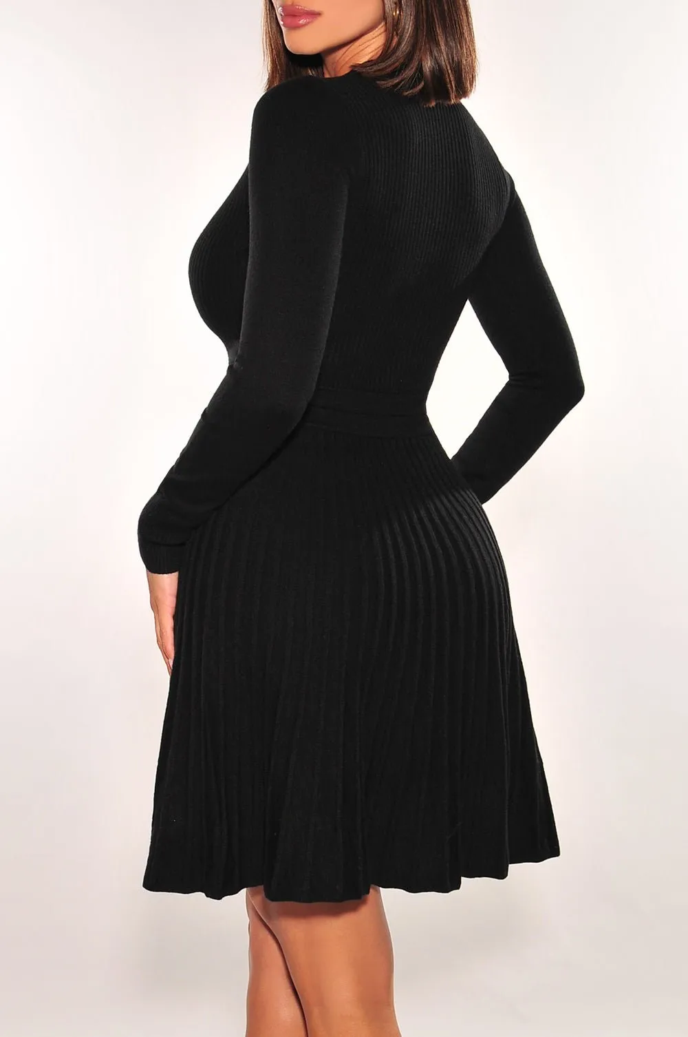 Black Ribbed Long Sleeve Round Neck Button Down Pleated Dress