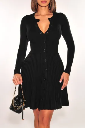 Black Ribbed Long Sleeve Round Neck Button Down Pleated Dress