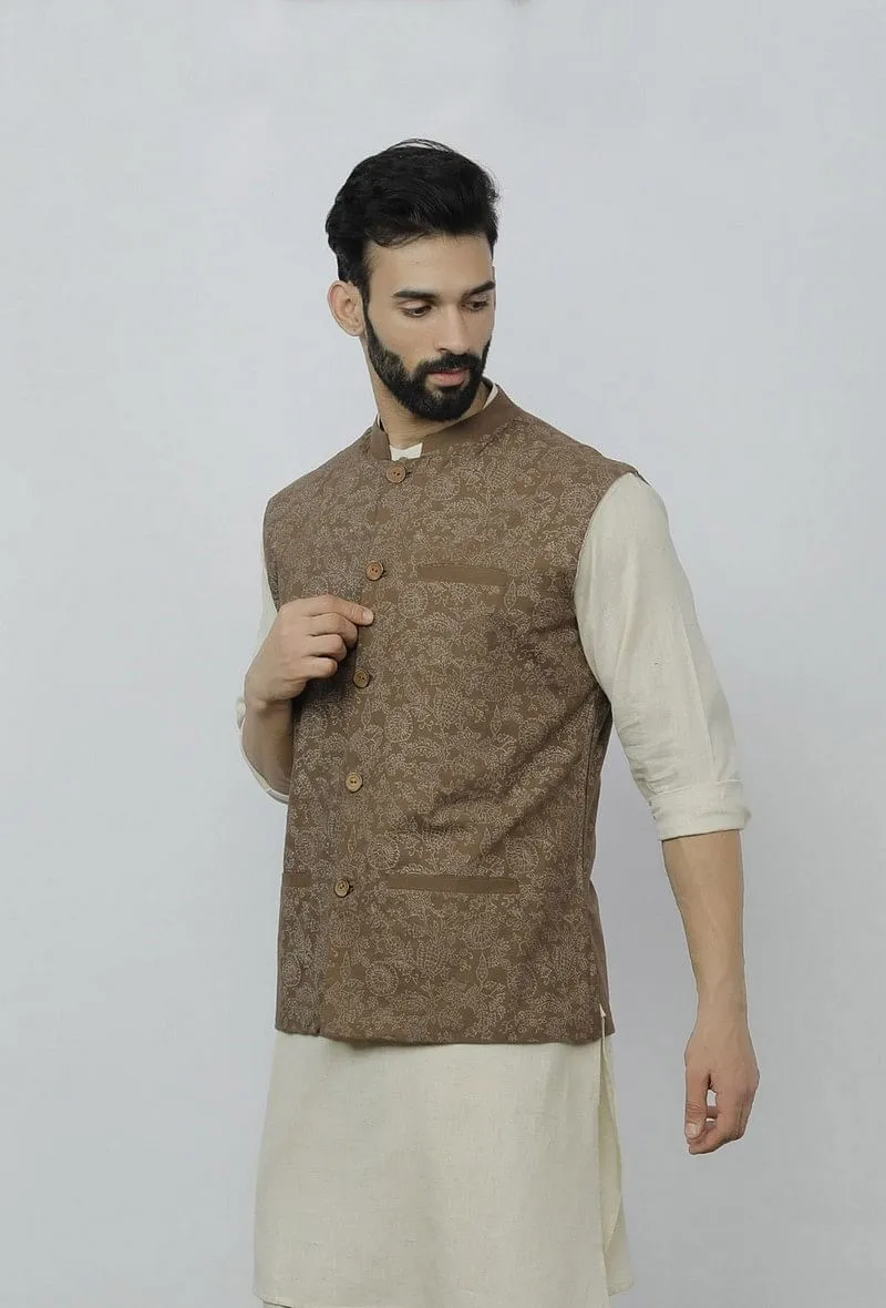 Block Printed Brown Nehru Jacket