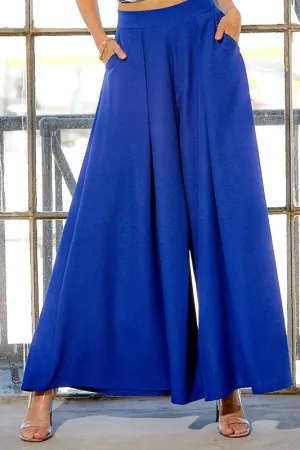 Blue Solid Color Women Wide Palazzo Pants