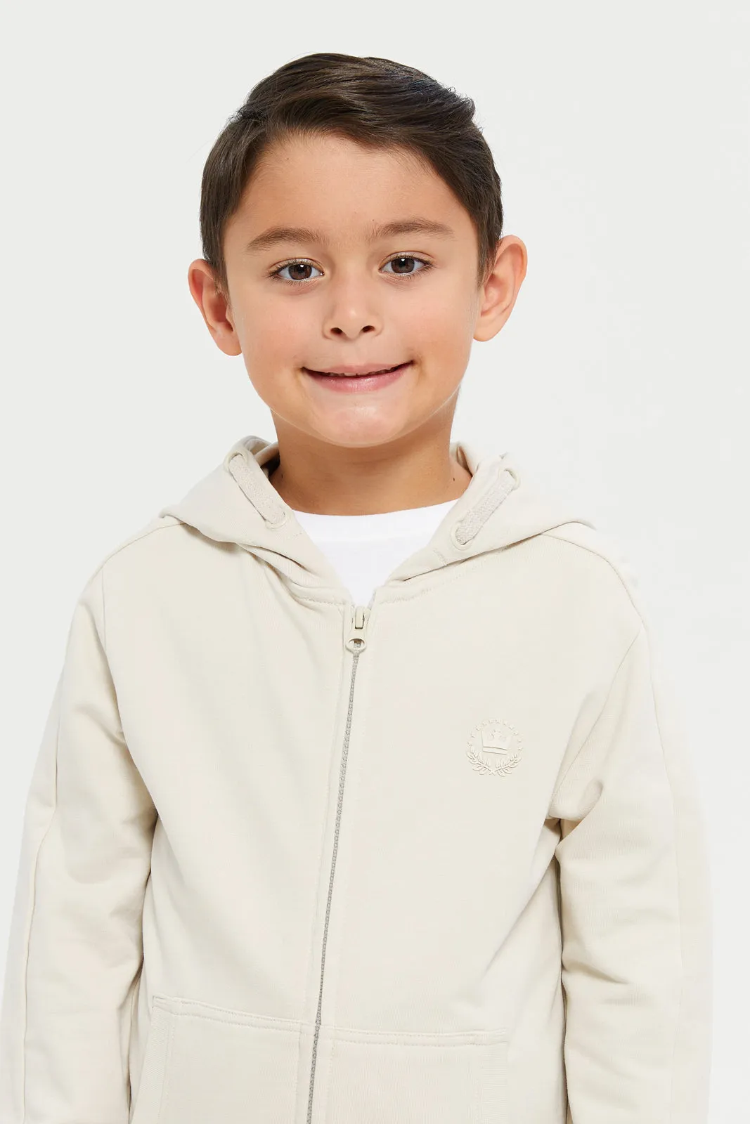 Boys Beige Zipper Front Hooded Sweatshirt