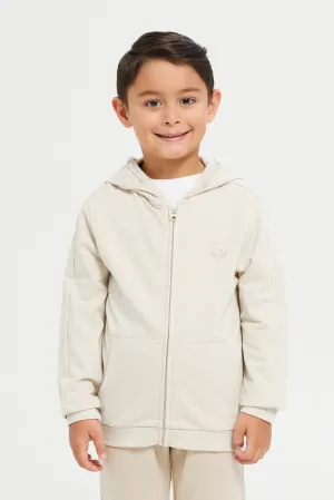 Boys Beige Zipper Front Hooded Sweatshirt