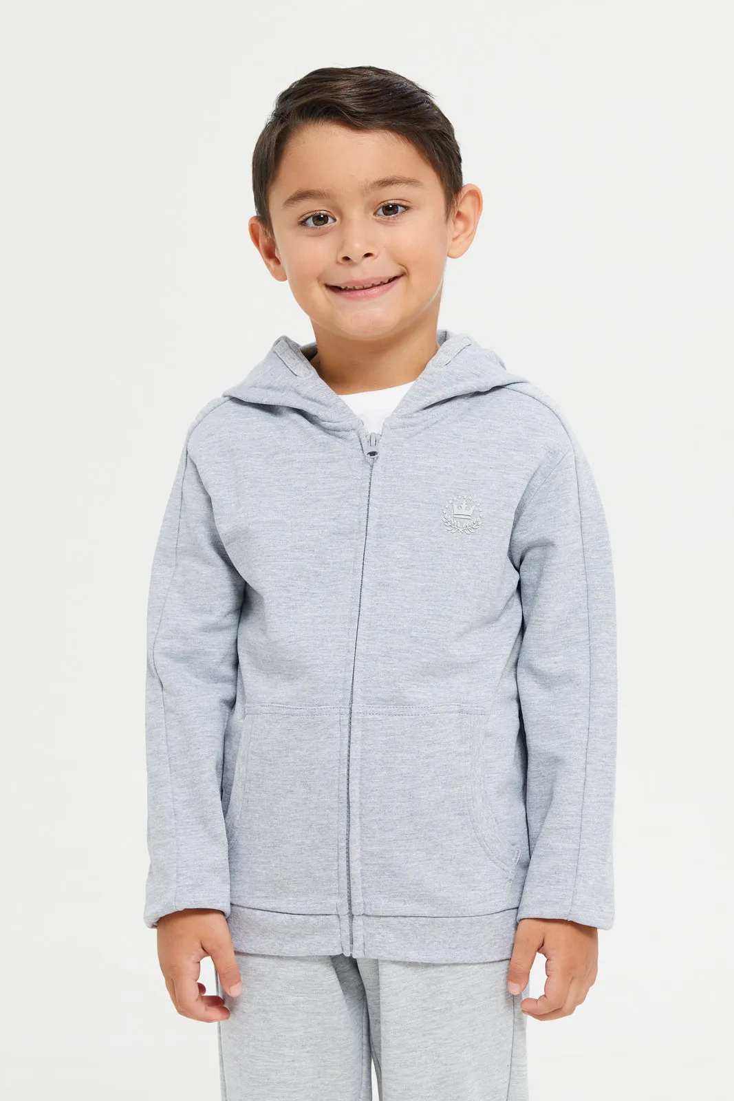 Boys Grey Zipper Front Hooded Sweatshirt