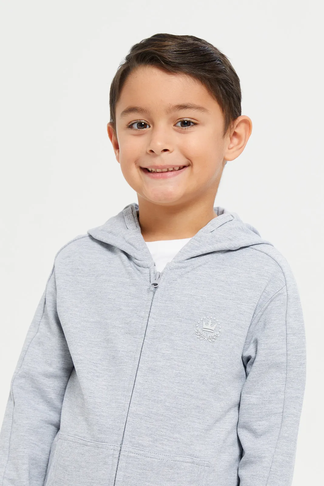 Boys Grey Zipper Front Hooded Sweatshirt