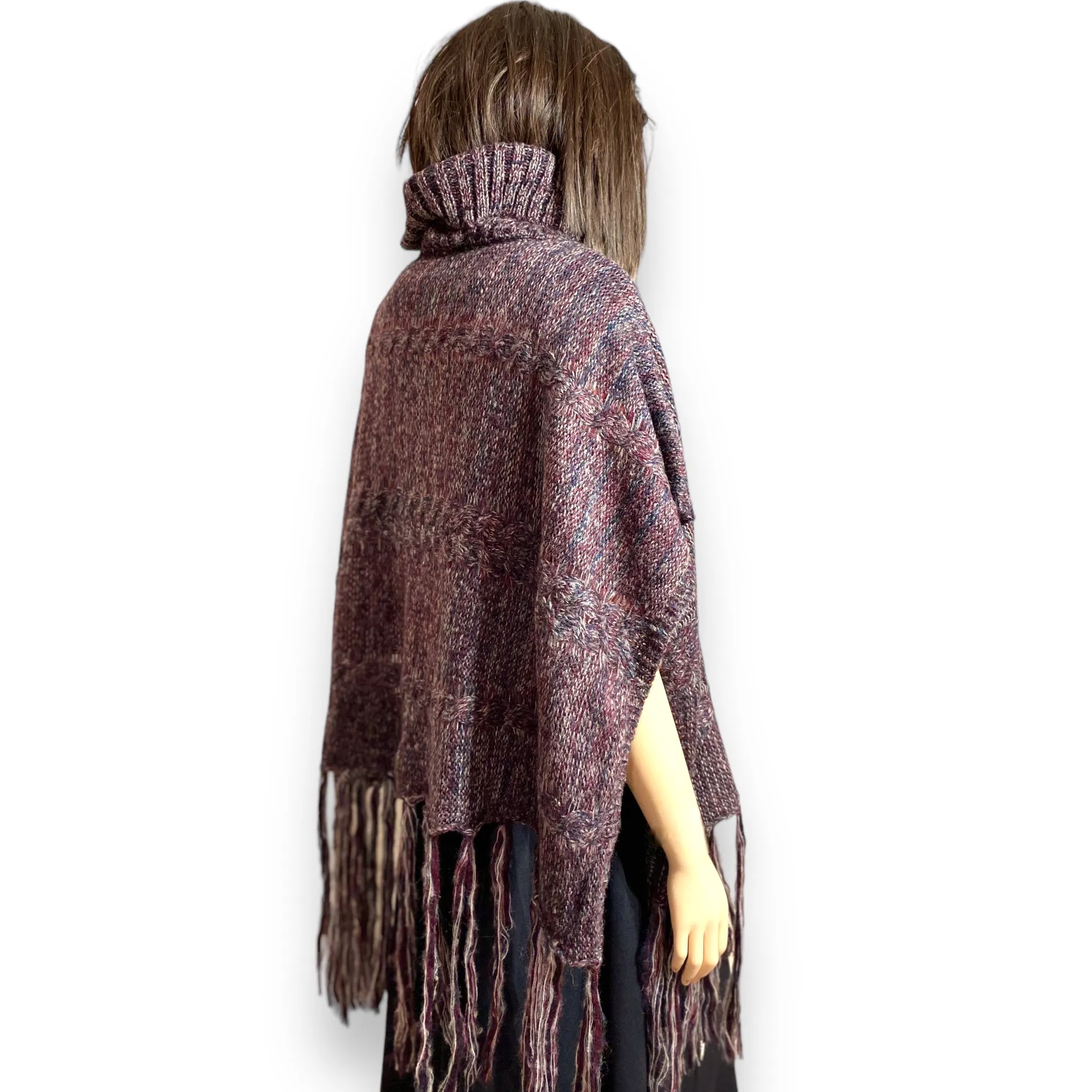 Cowl Neck Tassel Trim Knit Cape