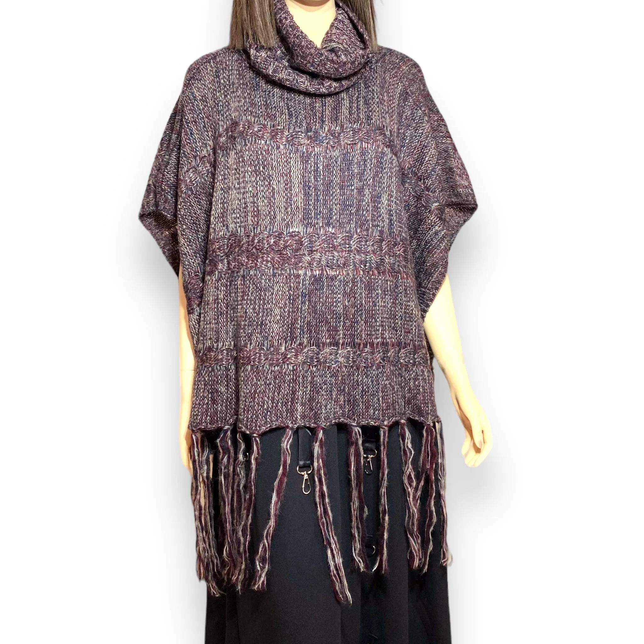 Cowl Neck Tassel Trim Knit Cape