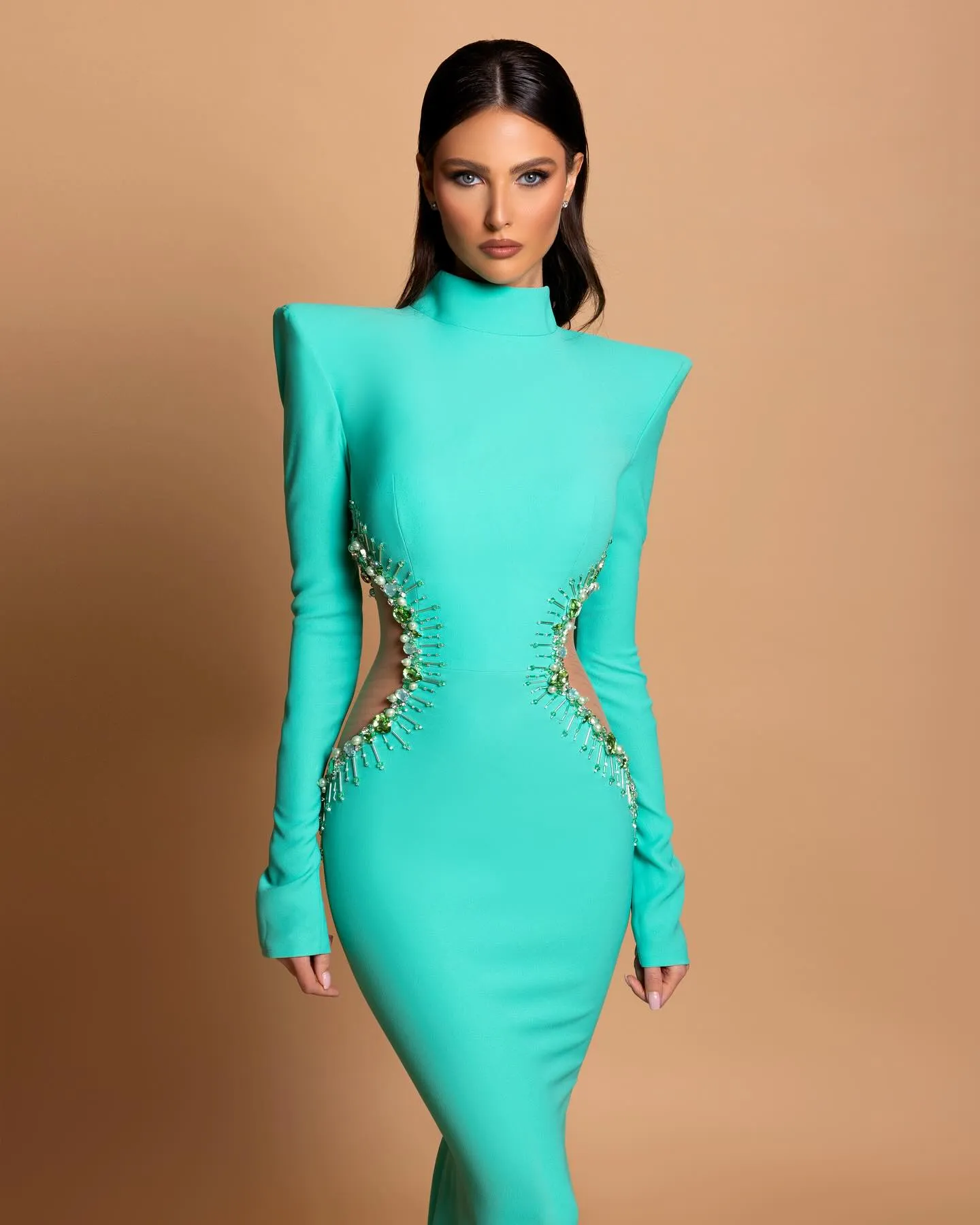 Designer Column High Neck Long Sleeve Beading Satin Prom Dress