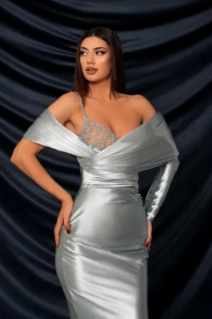 Fashion Long Silver Mermaid Off-the-shoulder Lace Prom Dress With Long Sleeve