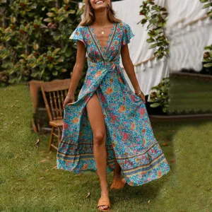 Floral V Neck Wholesale Bohemian Dresses Tie Waist Maxi Wrap Dresses Summer