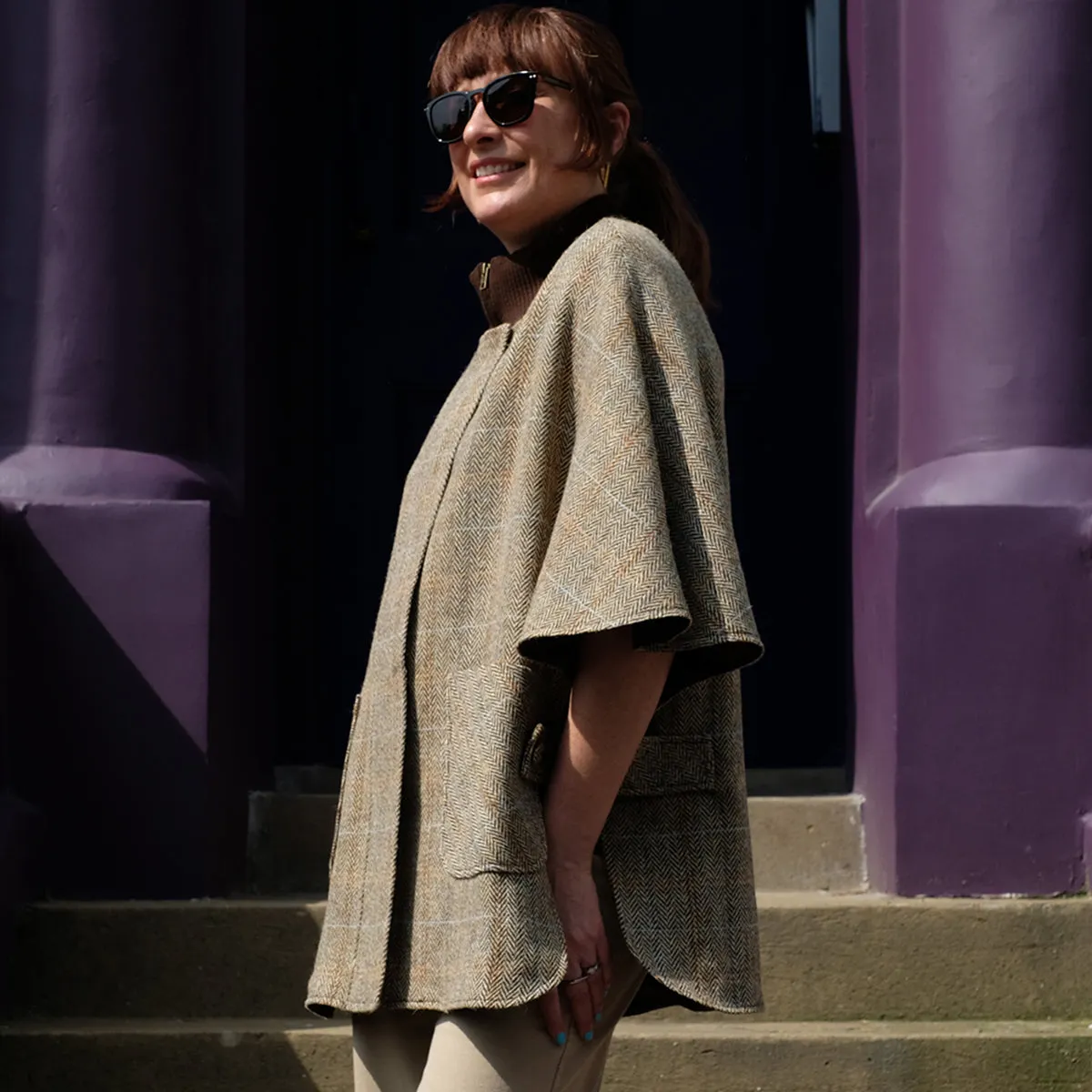 Harris Tweed Zip Cape in Beige Herringbone