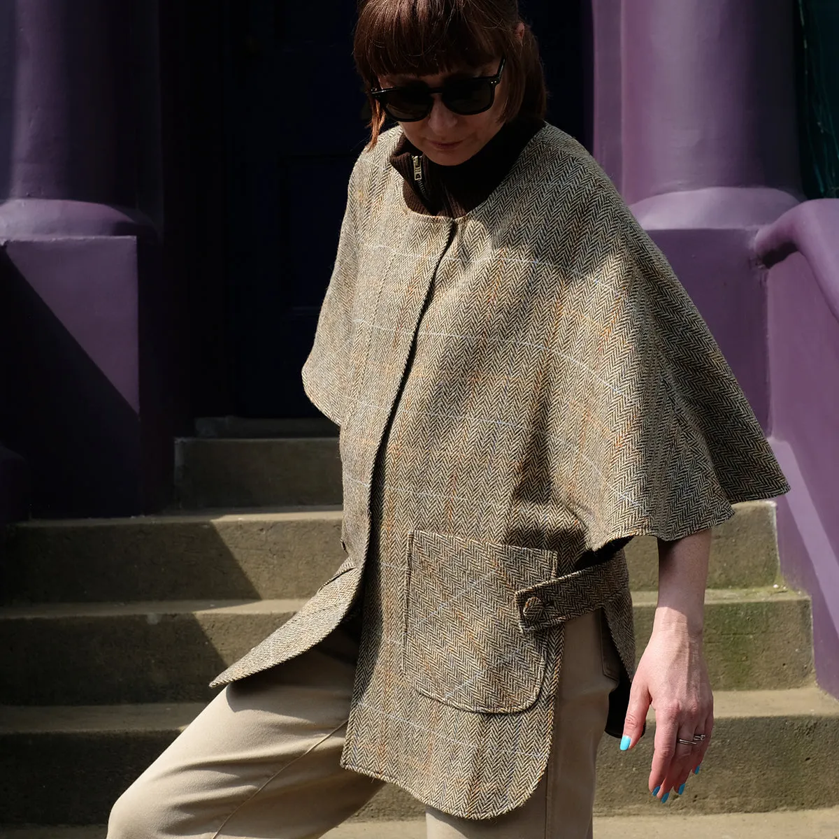 Harris Tweed Zip Cape in Beige Herringbone