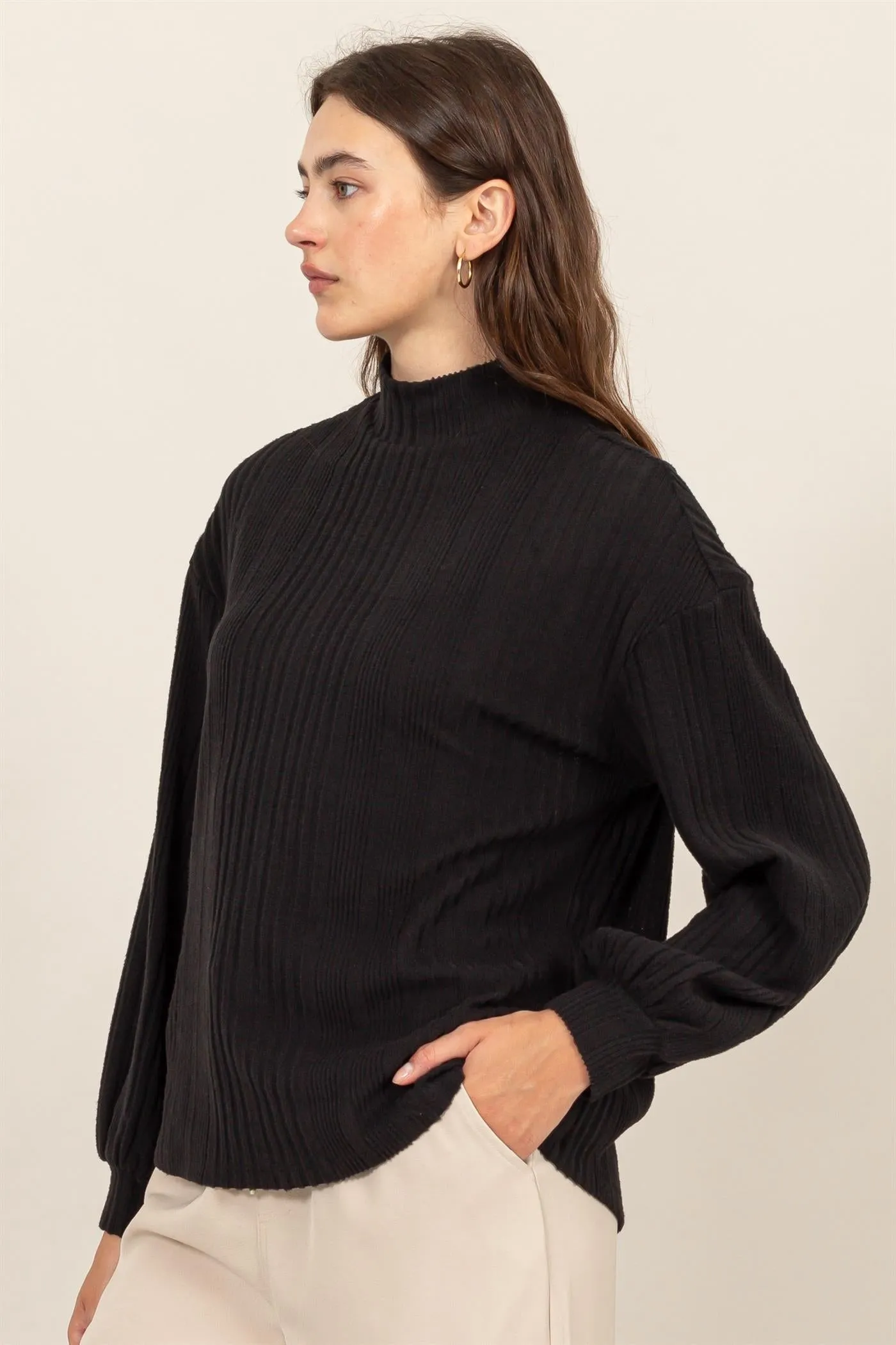 HF24E592-MOCK NECK RIBBED SWEATER