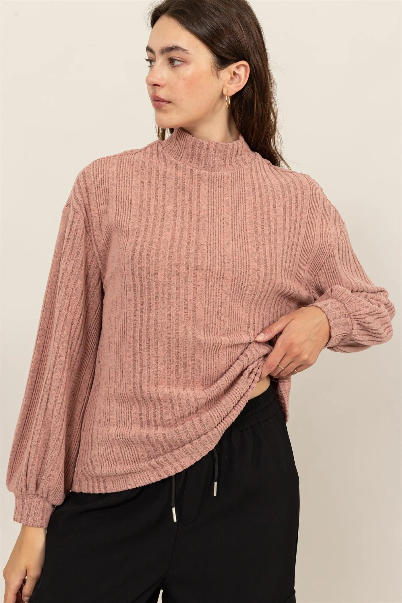 HF24E592-MOCK NECK RIBBED SWEATER