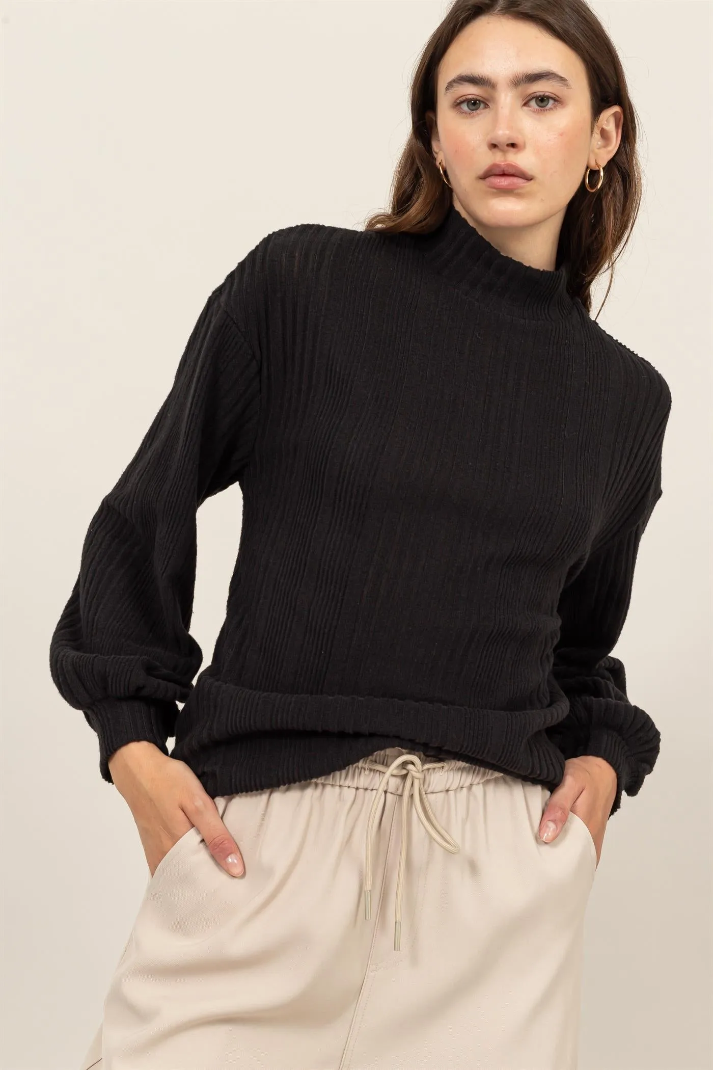 HF24E592-MOCK NECK RIBBED SWEATER