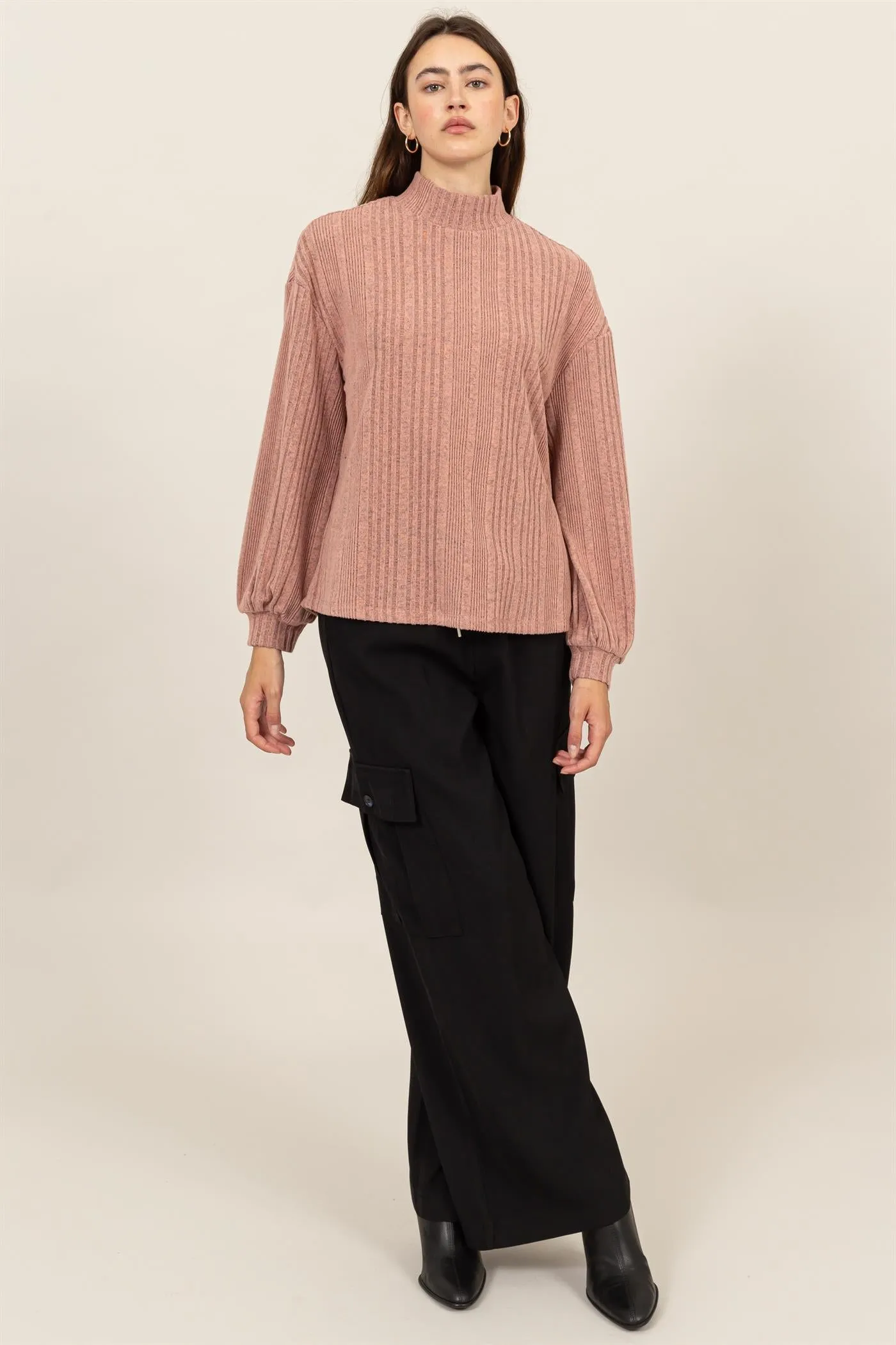 HF24E592-MOCK NECK RIBBED SWEATER