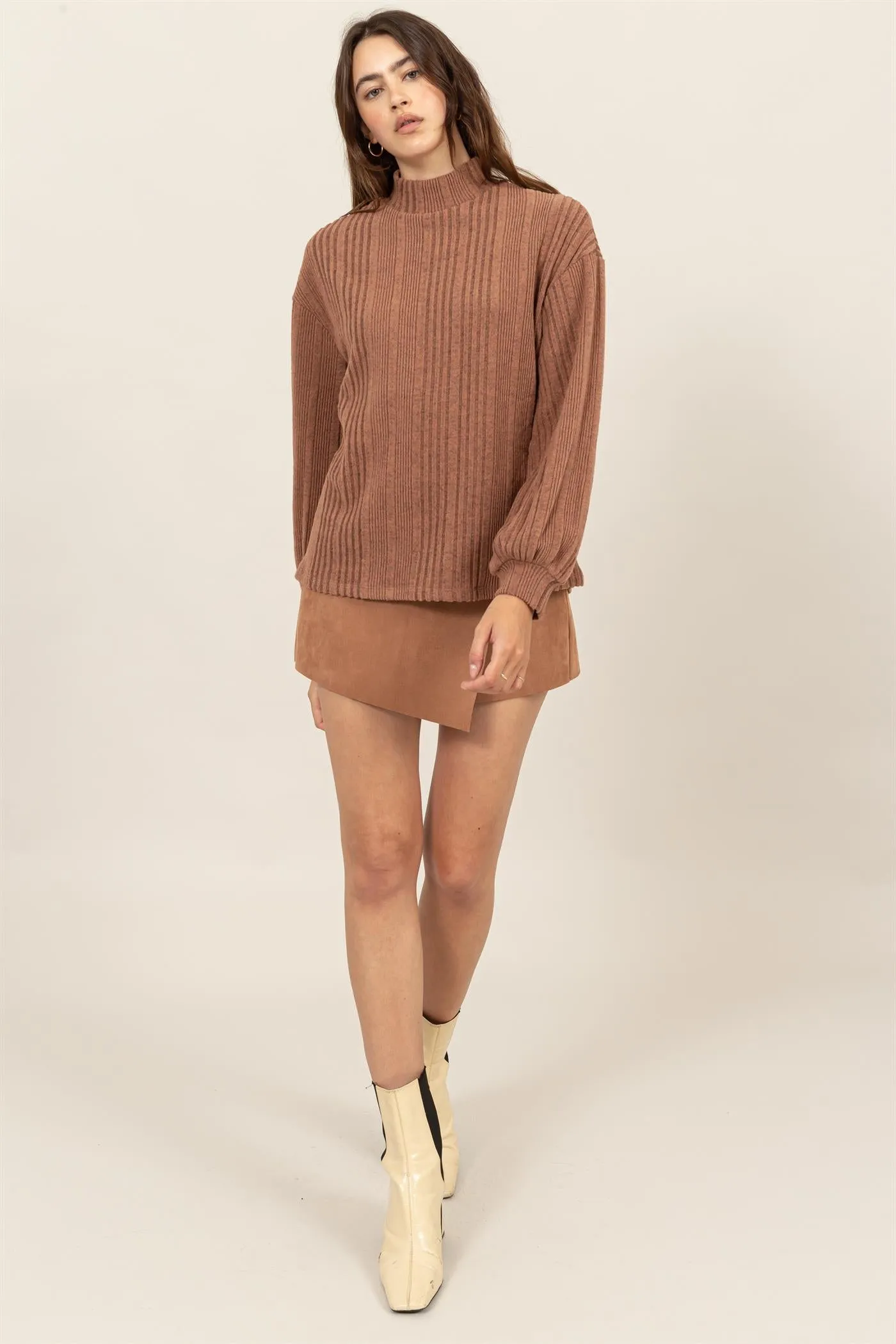 HF24E592-MOCK NECK RIBBED SWEATER