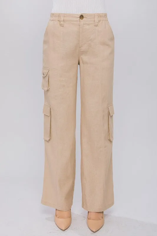 Khaki Linen Parachute Pants With Side Pockets