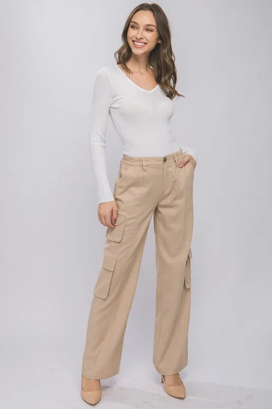 Khaki Linen Parachute Pants With Side Pockets