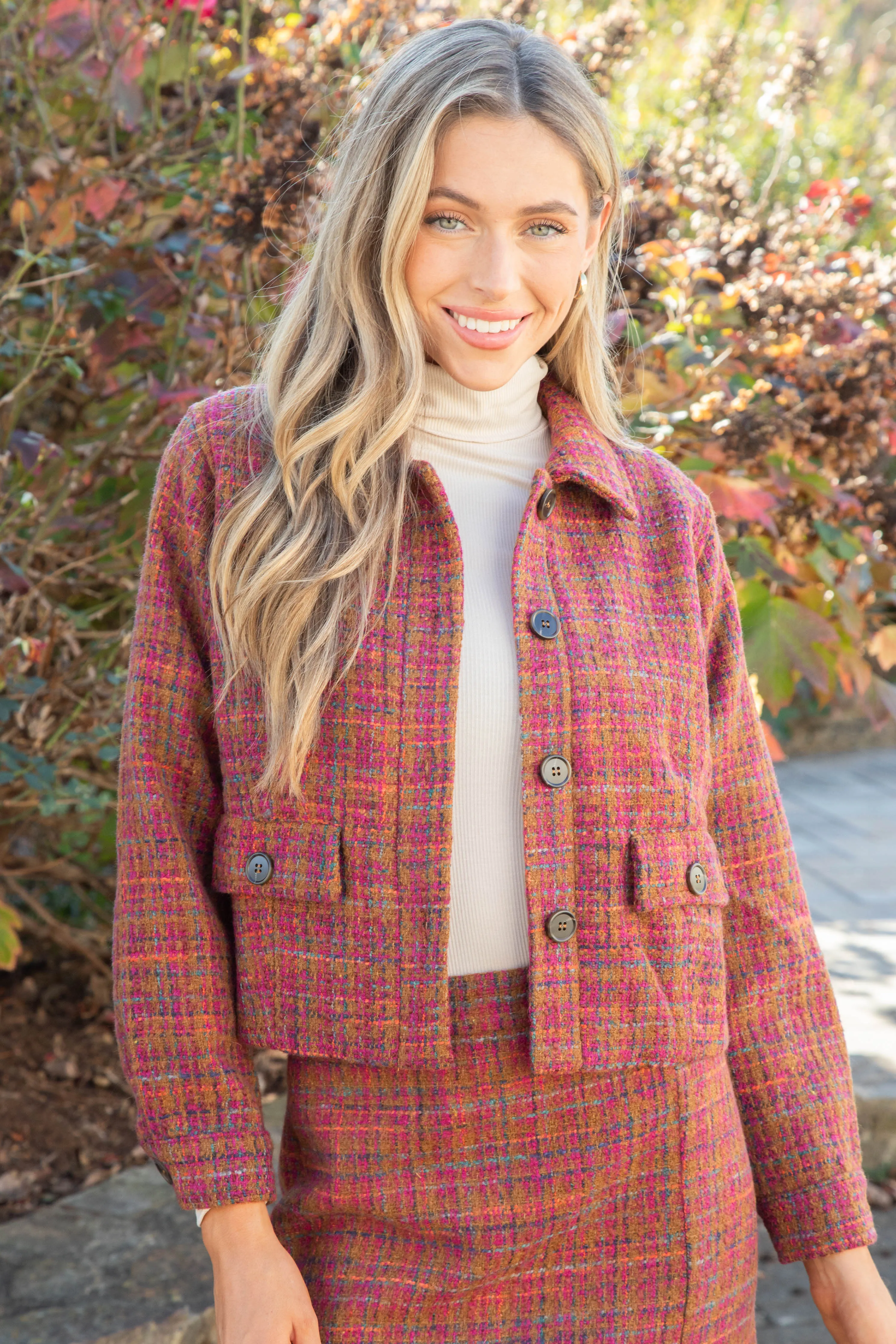 Kiah Tweed Button Down Jacket, Plum/Camel