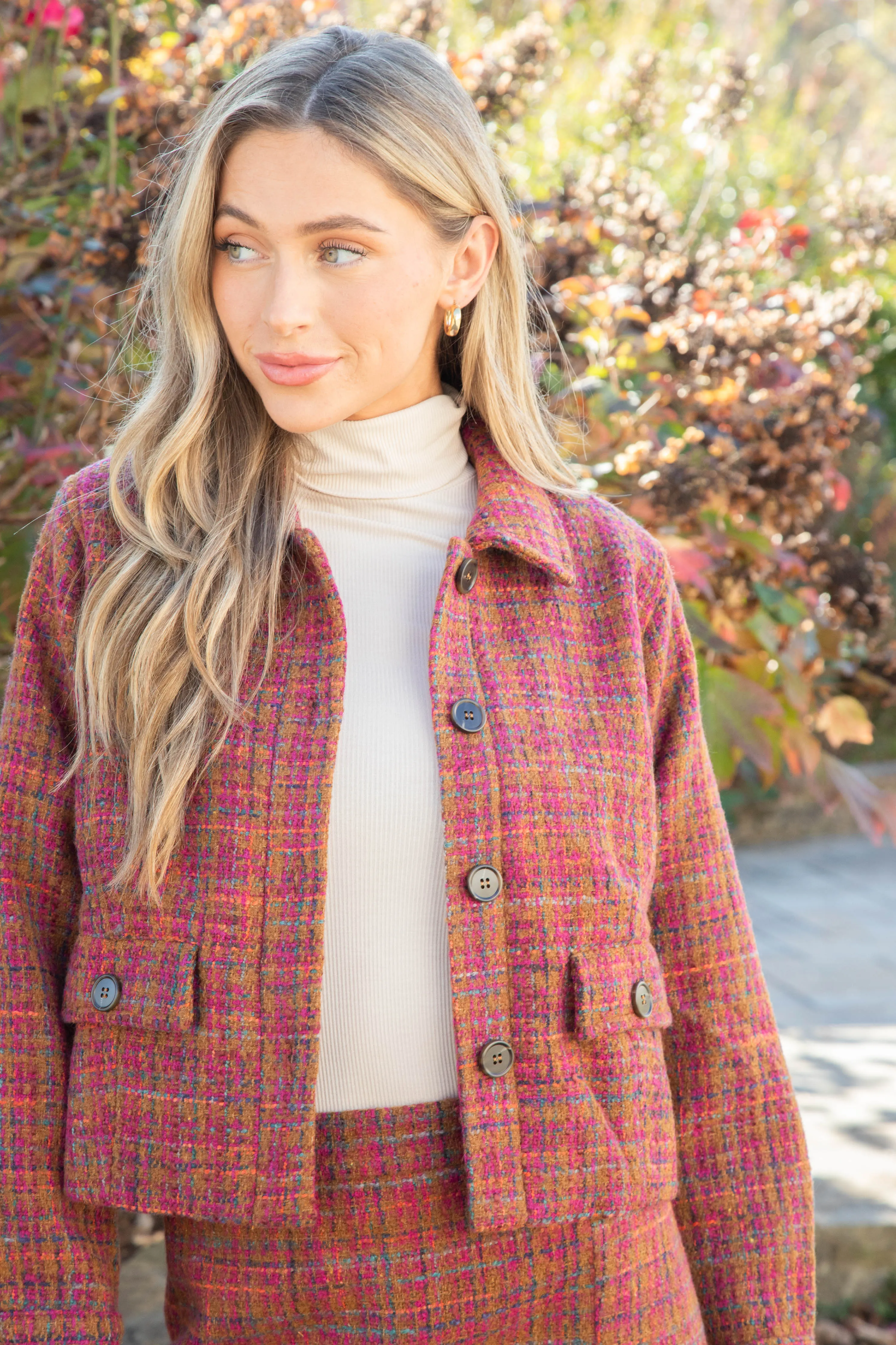 Kiah Tweed Button Down Jacket, Plum/Camel