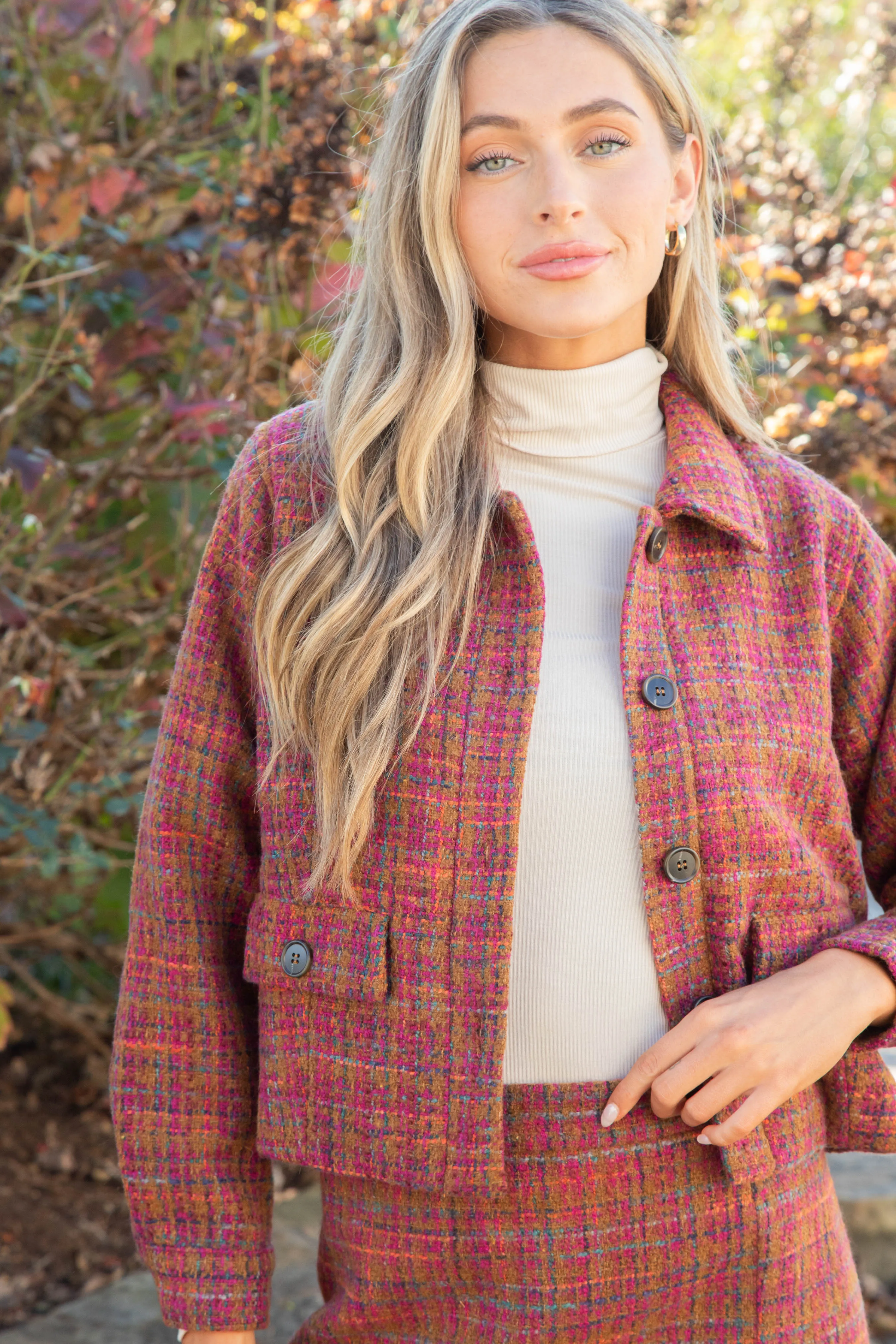 Kiah Tweed Button Down Jacket, Plum/Camel