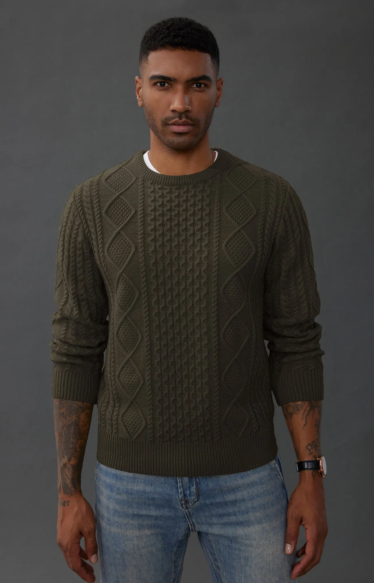 Men's Cable Knit Pullover Long Sleeve Ribbed Knit Pullover Regular Fit Crew Neck Jumper Sweater