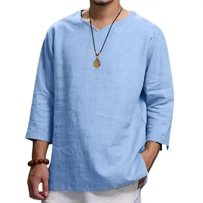 Men's V-Neck T-Shirt - Men's Cotton Linin Breathable Solid Colour Light Blue V-Neck T-Shirt