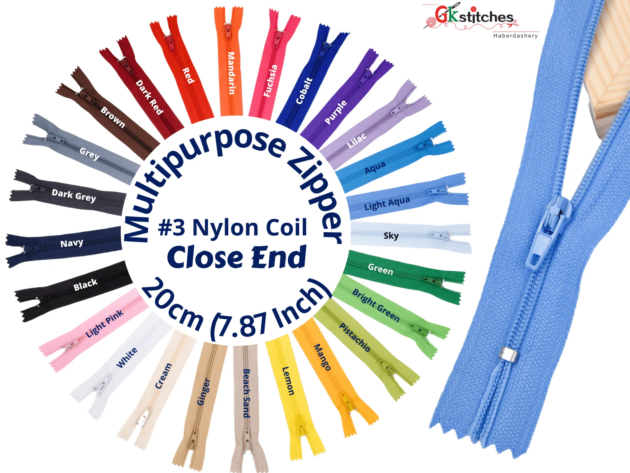 Multi Purpose Zippers 20 cm Close End