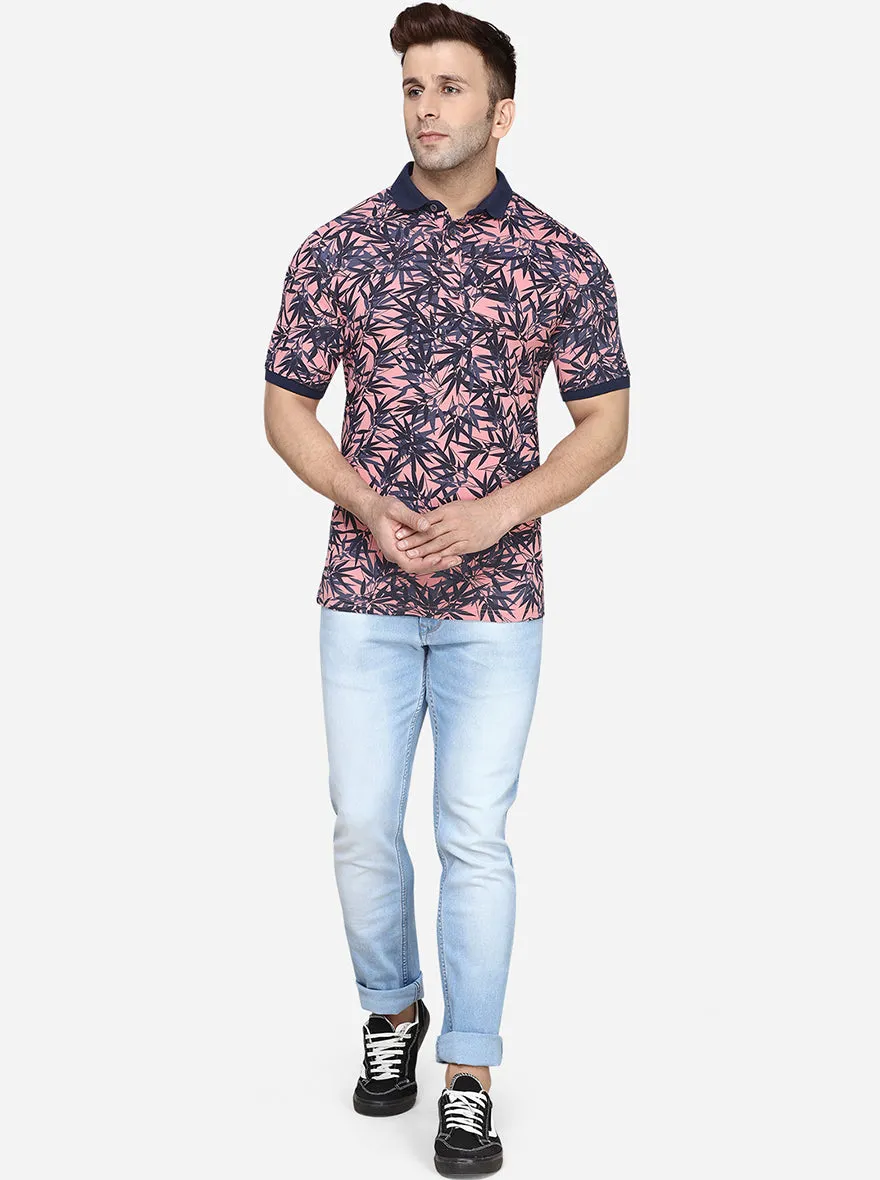 Peach & Blue Printed Slim Fit Polo T-Shirt | JadeBlue