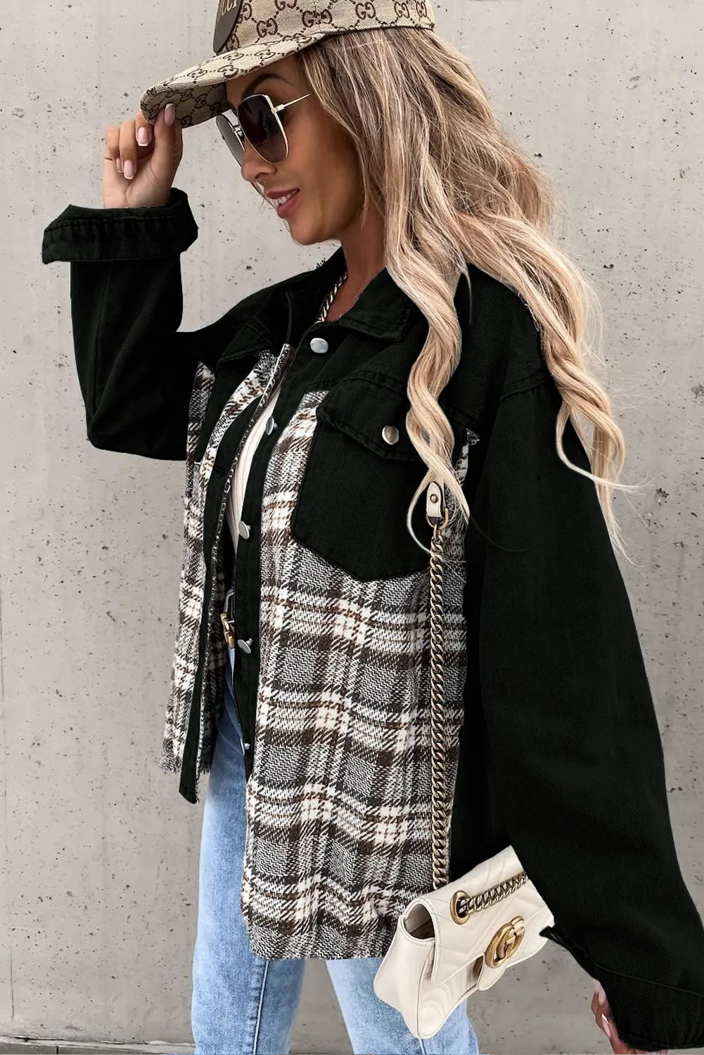 Plaid Patchwork Raw Hem Denim Jacket