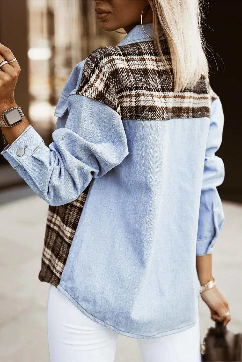 Plaid Patchwork Raw Hem Denim Jacket