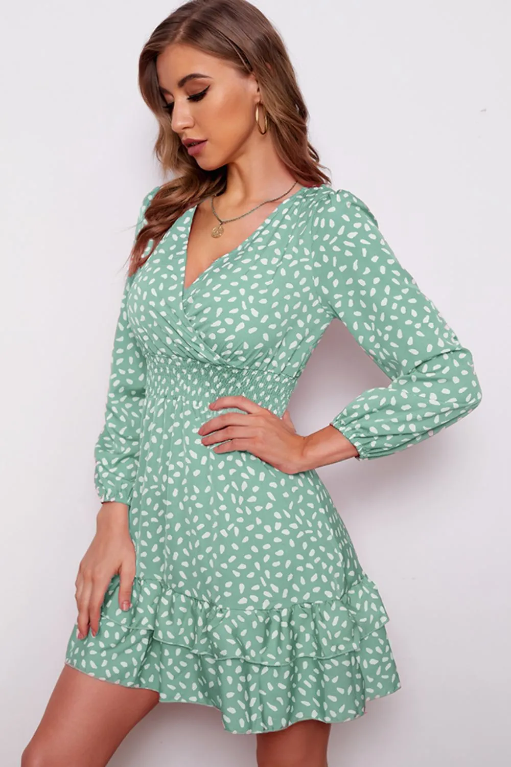 Printed Surplice Neck Puff Sleeve Ruffle Hem Dress