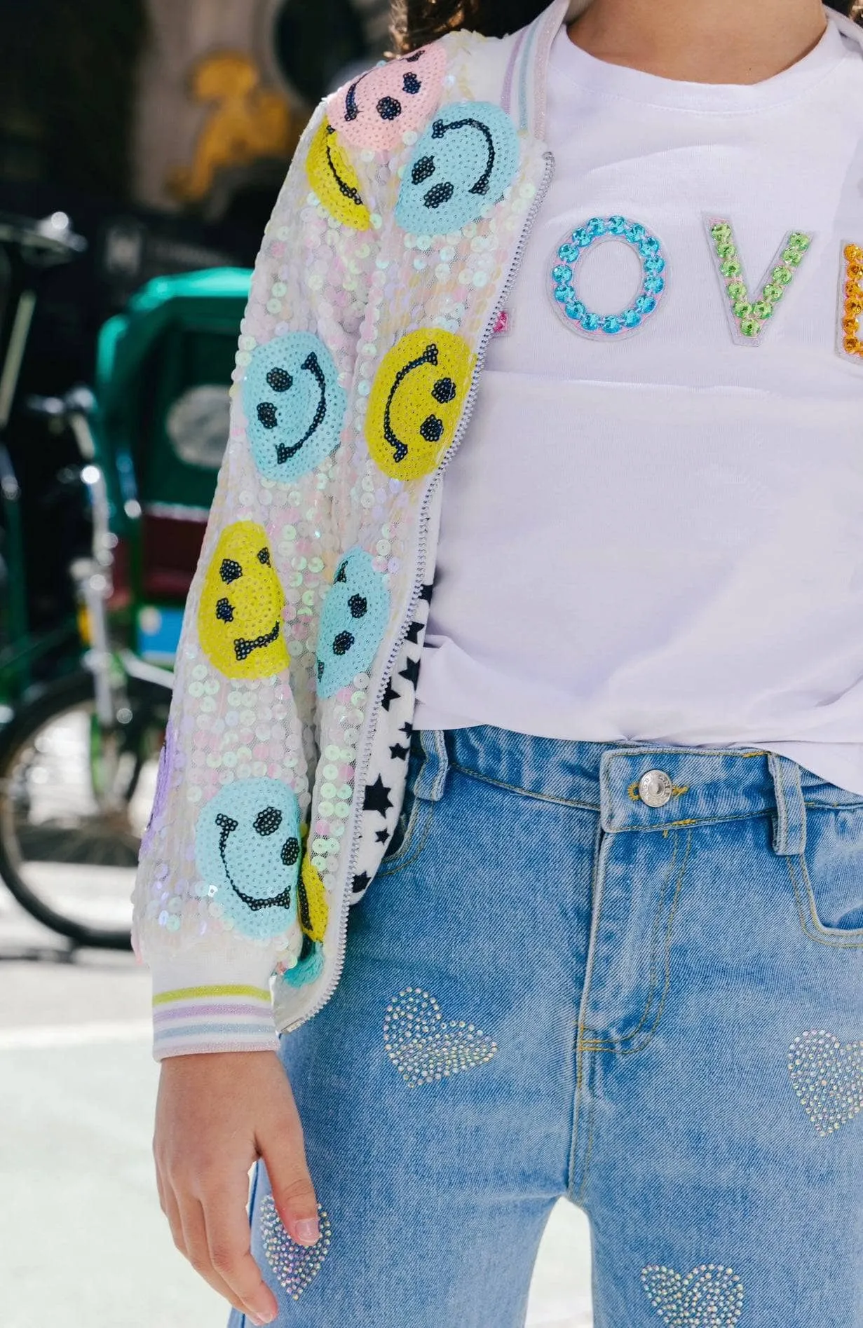 Rainbow Emoji Sequin Bomber