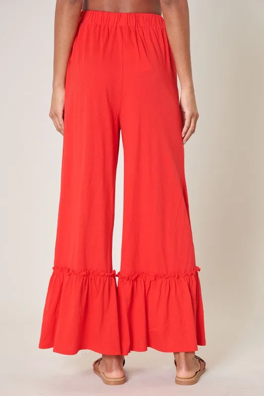 Red Ryder Ruffle Wide Leg Cotton Knit Pants