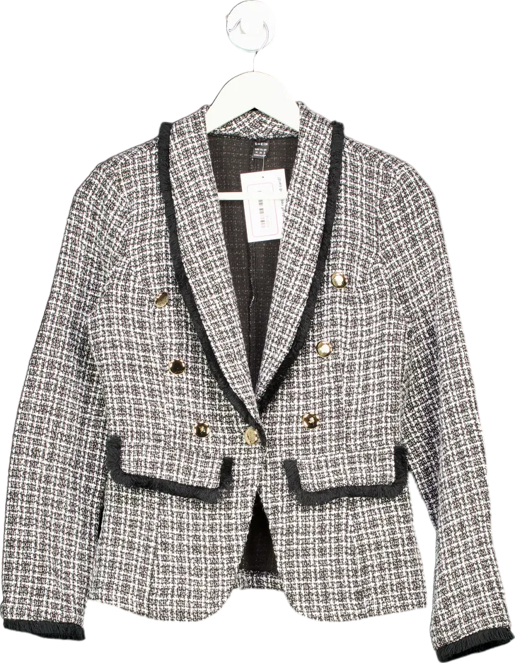 SHEIN Black and White Tweed Double Breasted Blazer UK M