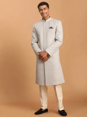 SHRESTHA By VASTRAMAY Men's Grey Jaccard Sherwani With Cream Pant Set