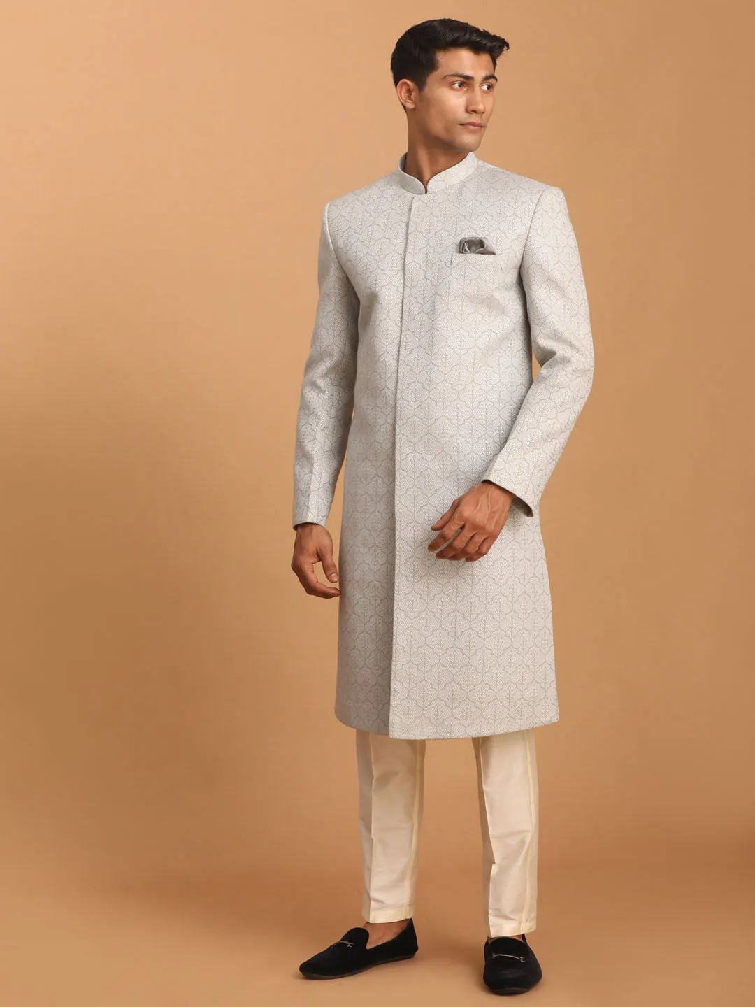 SHRESTHA By VASTRAMAY Men's Grey Jaccard Sherwani With Cream Pant Set