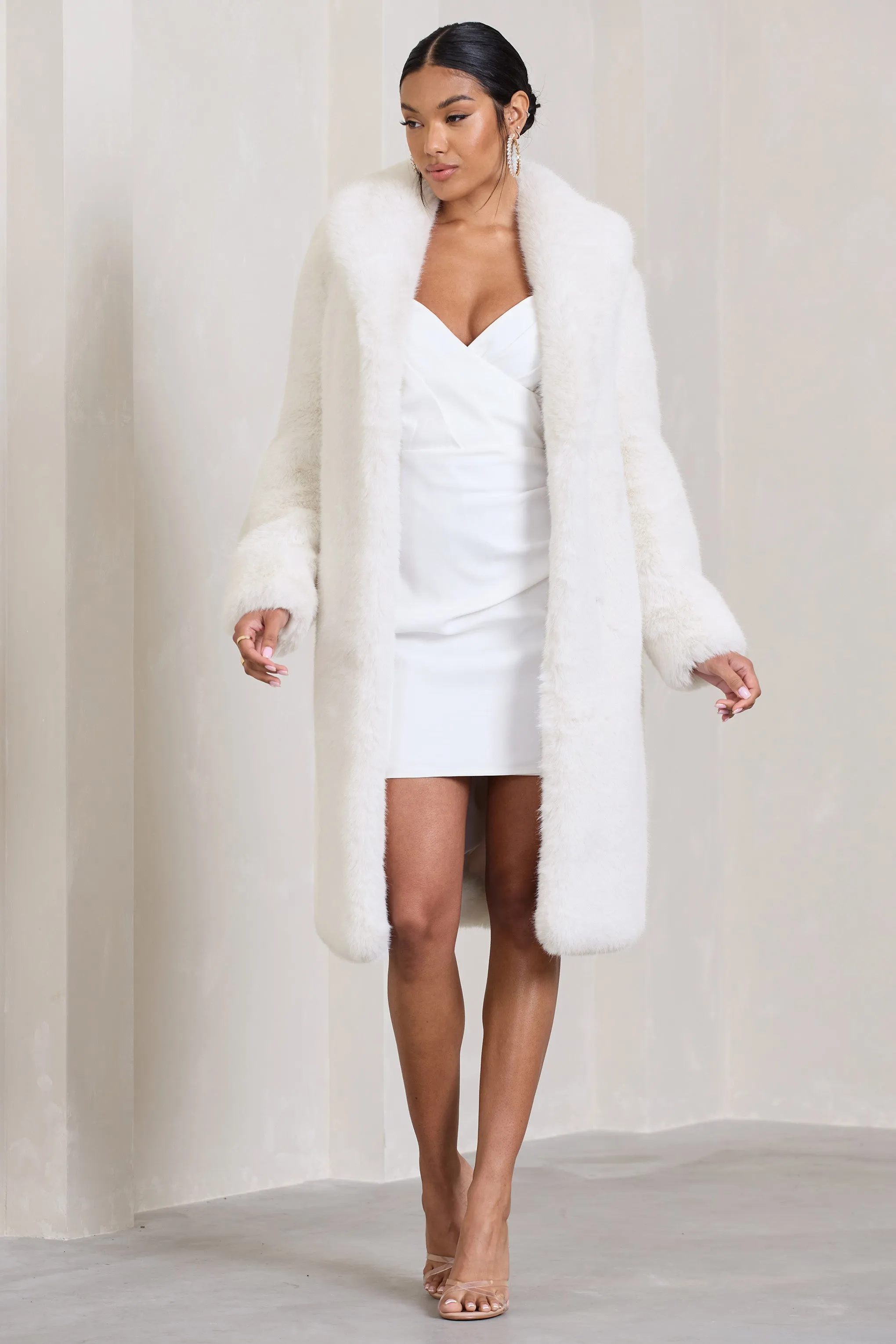 Slopeside | Cream Long Belted Faux Fur Coat