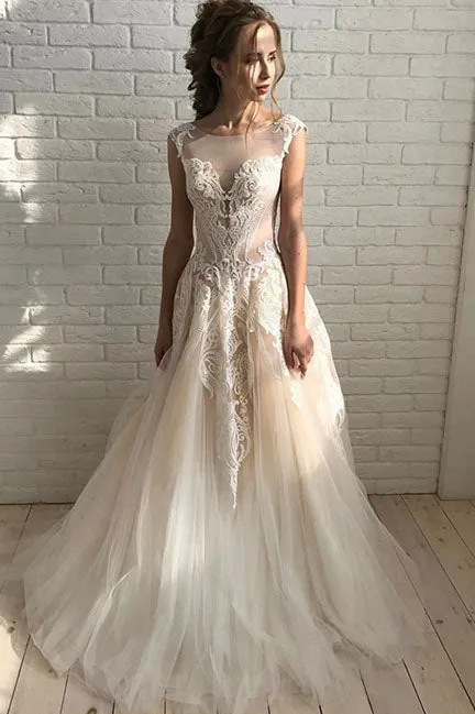 Stylish A Line Tulle Lace Long Prom Dresses,Unique Wedding Dresses OKE32