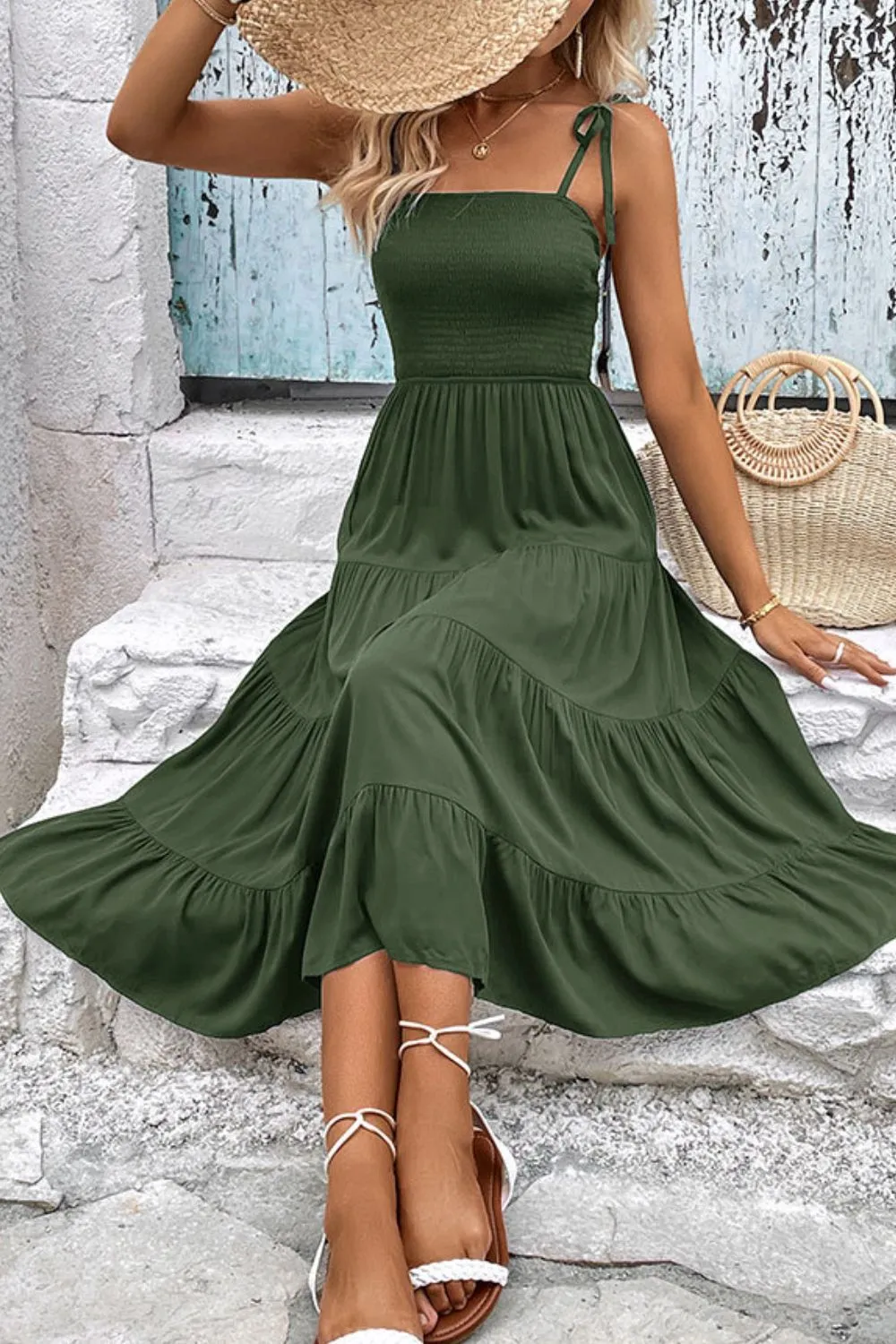 Tie-Shoulder Tiered Midi Dress