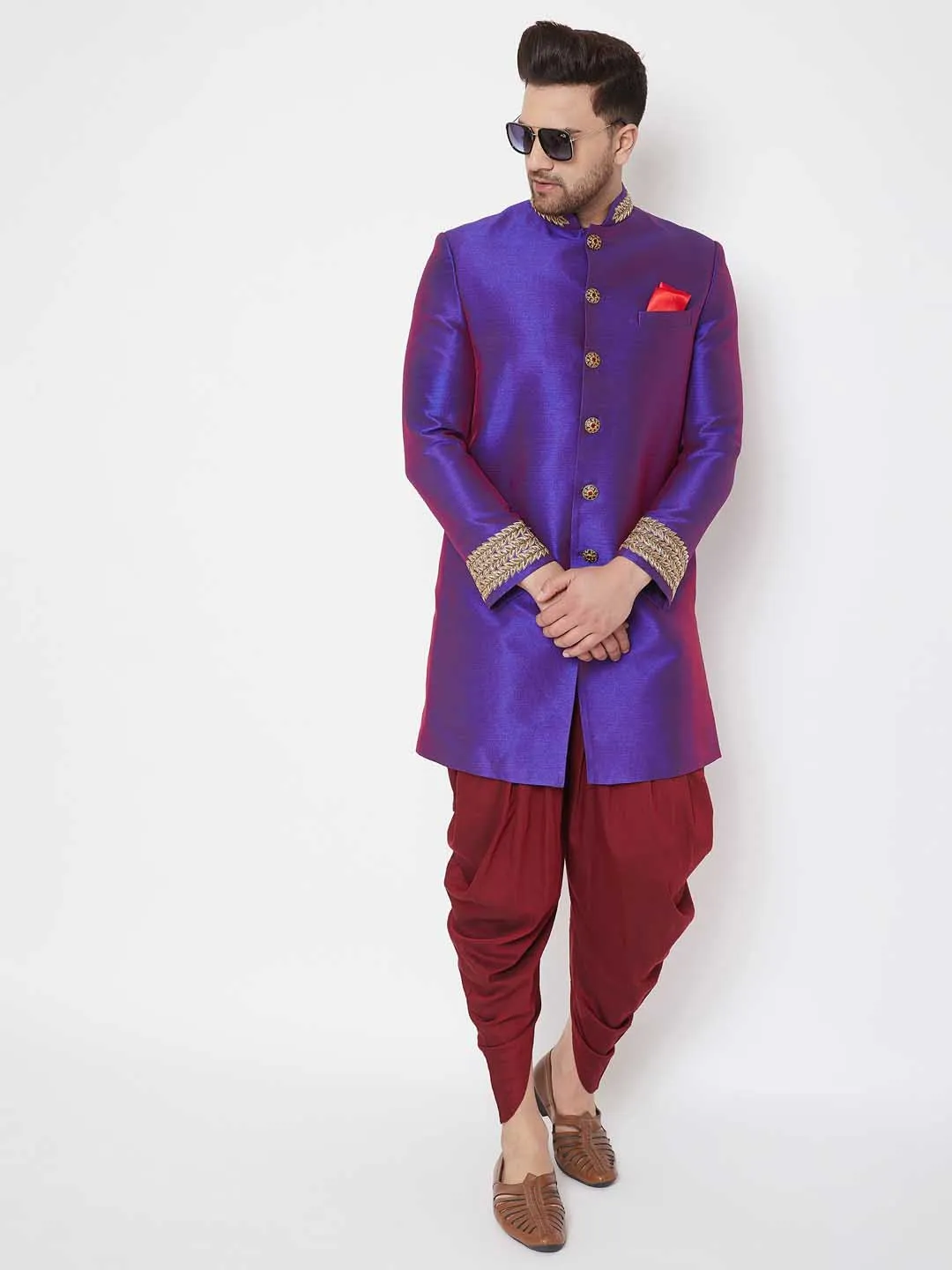 Vastramay Men's Purple Silk Blend Sherwani Top