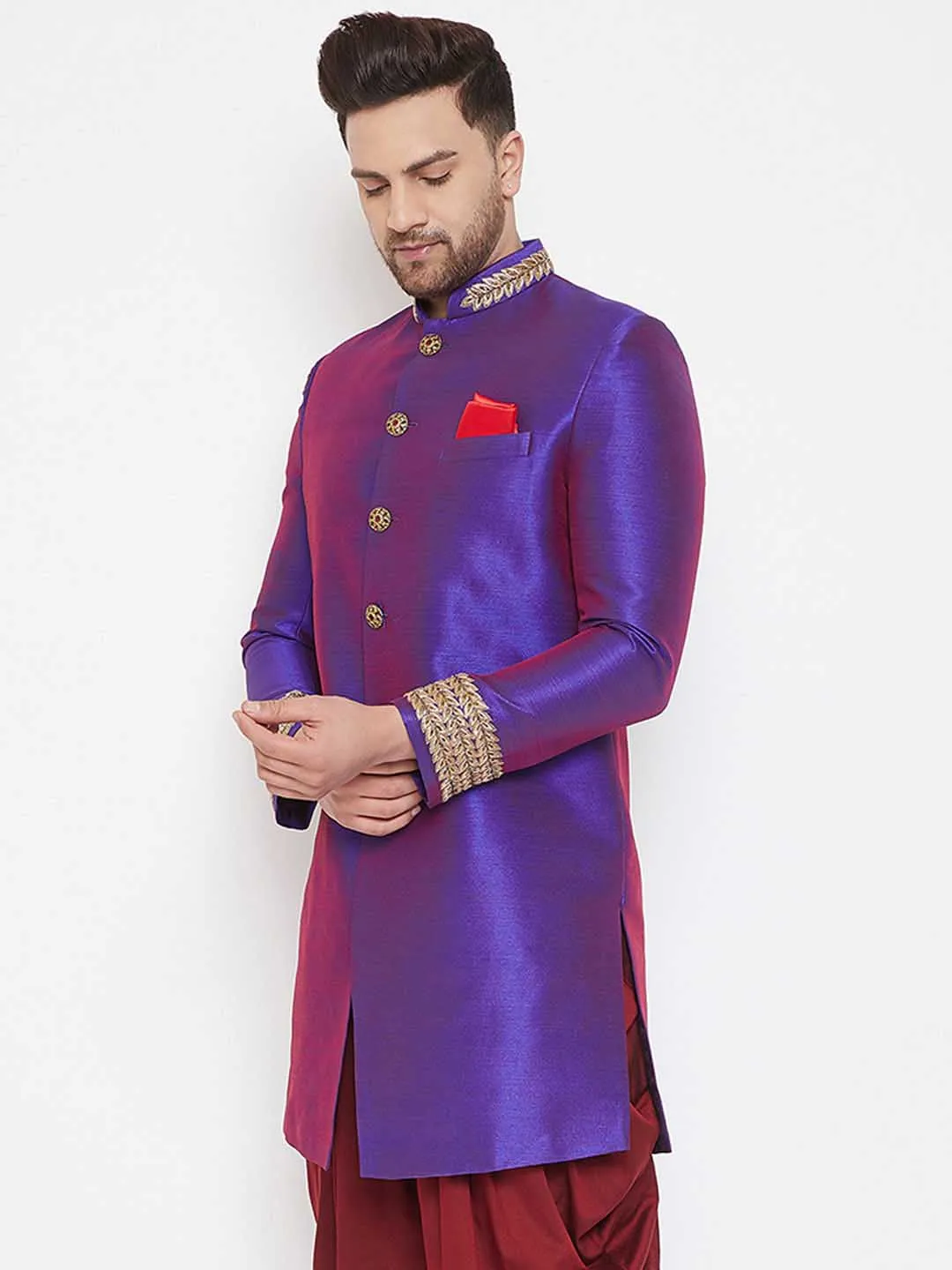 Vastramay Men's Purple Silk Blend Sherwani Top