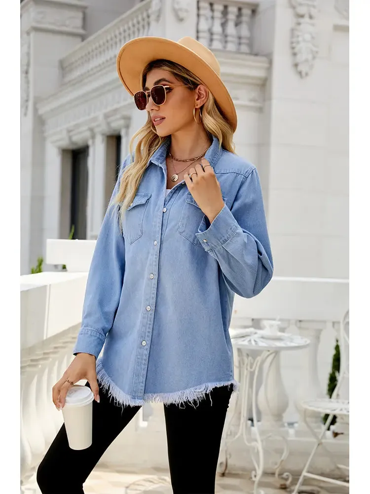 Washed Frayed Denim Shirt Jacket