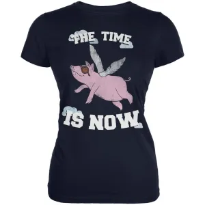 When Pigs Fly The Time Is Now Navy Juniors Soft T-Shirt