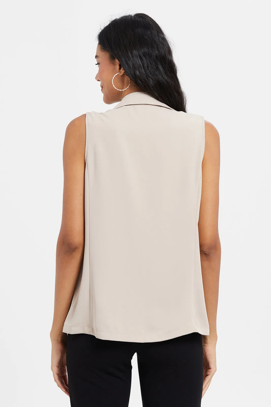 Women Beige Sleeveless Blazer