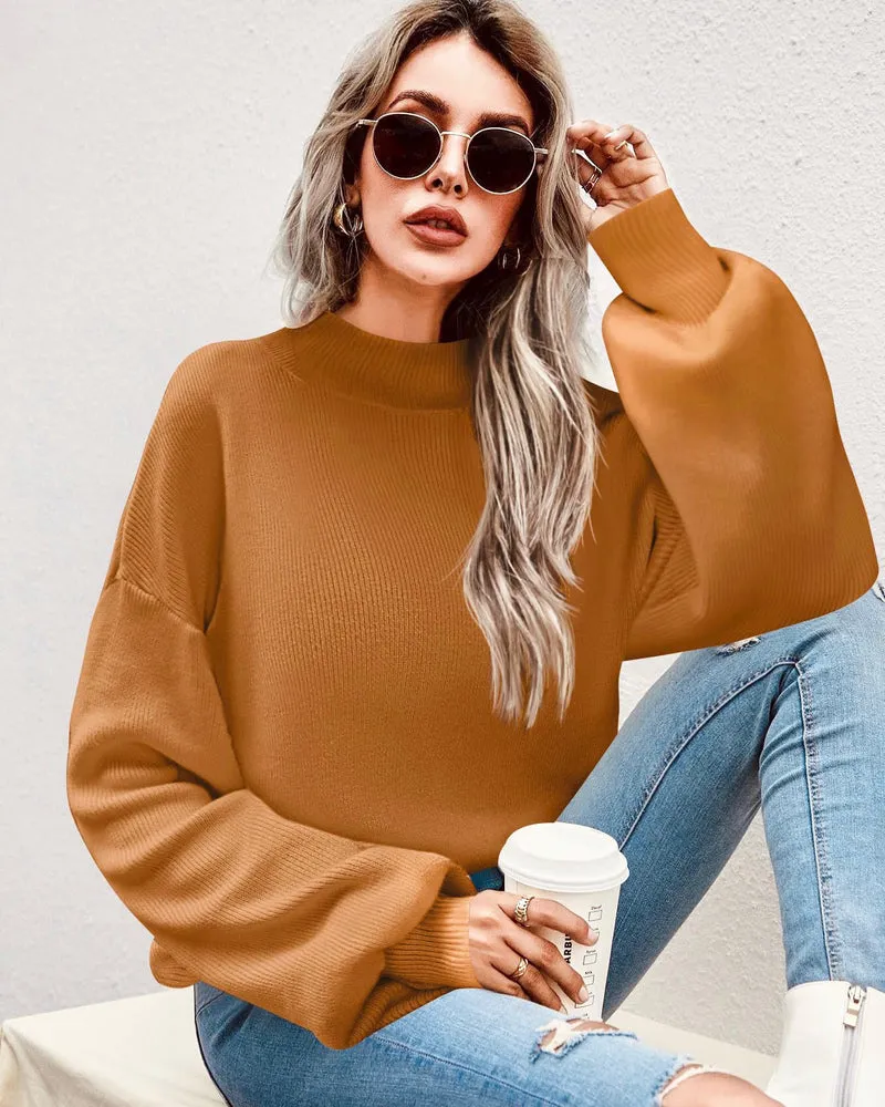 Zeagoo Women's 2023 Fall Fashion Turtleneck Sweaters Long Sleeve Lantern Ribbed Knit Chunky Loose Pullover Jumper Tops